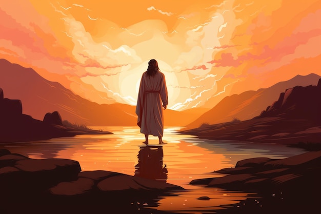 Jesus standing on the shore of a lake at sunset