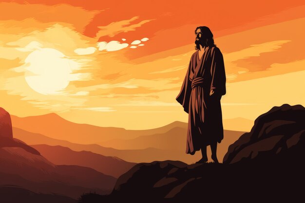 jesus standing on top of a mountain at sunset