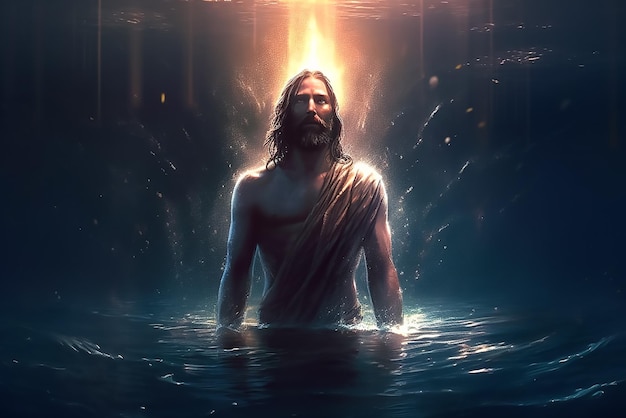 Jesus standing in the water with the light shining on him