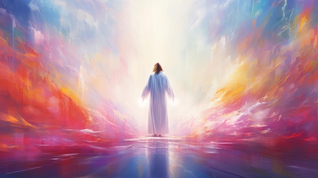 Photo jesus stands with his back turned in a beautiful place bathed in colors