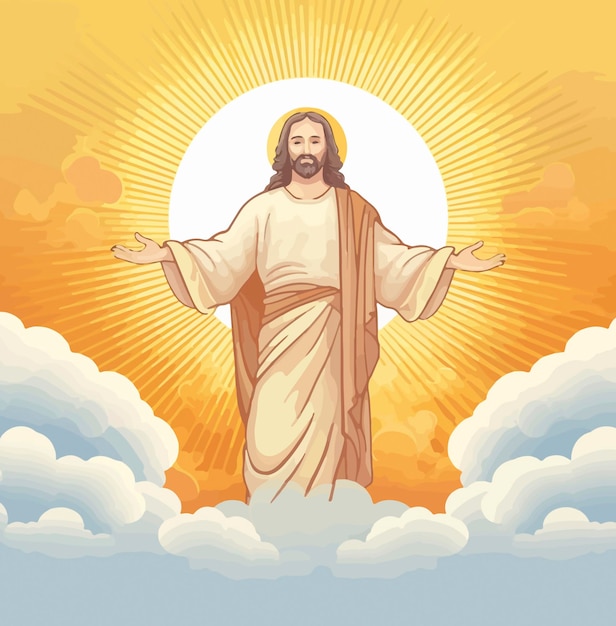 Jesus stands with an open hand in the air above the clouds