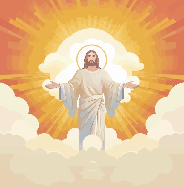 jesus stands with an open hand in the air above the clouds
