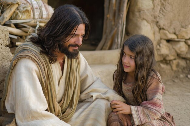 Photo jesus talking to a girl and smiling ai generative