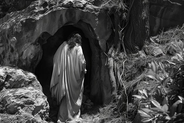 Иисус у входа в могилу с задней точки зрения