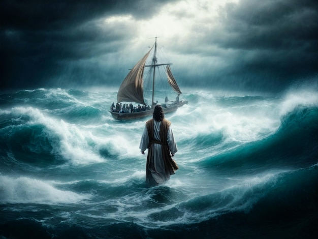 Jesus Walk On Stormy Water of The Sea