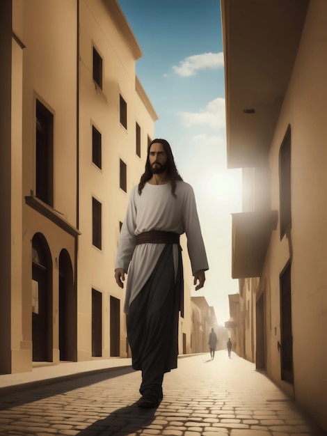 Jesus walking in a ancient synagogue