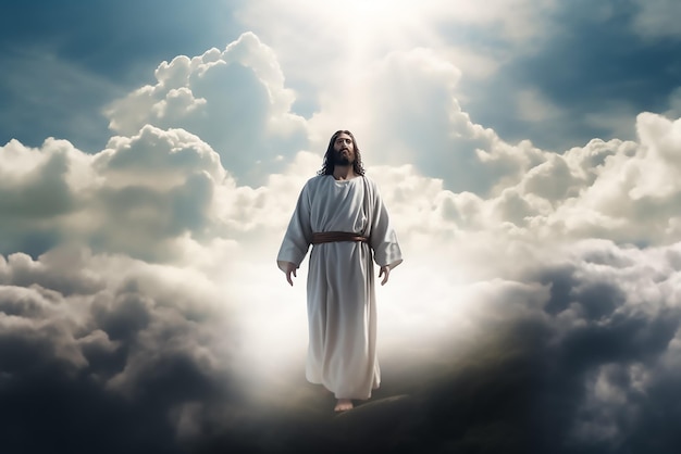 Premium AI Image | A painting of jesus standing on a cloud with the sky ...