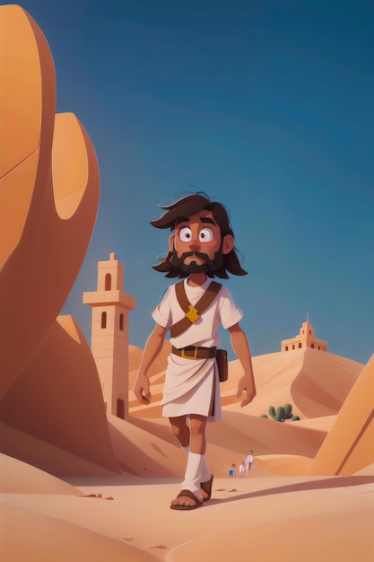 Jesus walking in the desert 3d cartoon style