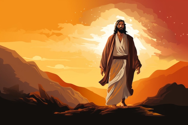 Jesus walking in the desert at sunset