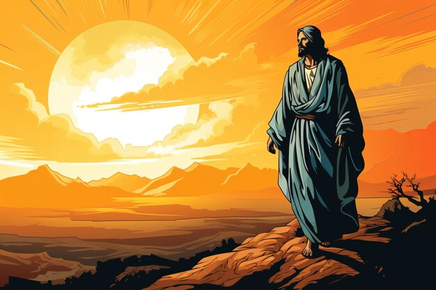 Jesus walking in the desert at sunset