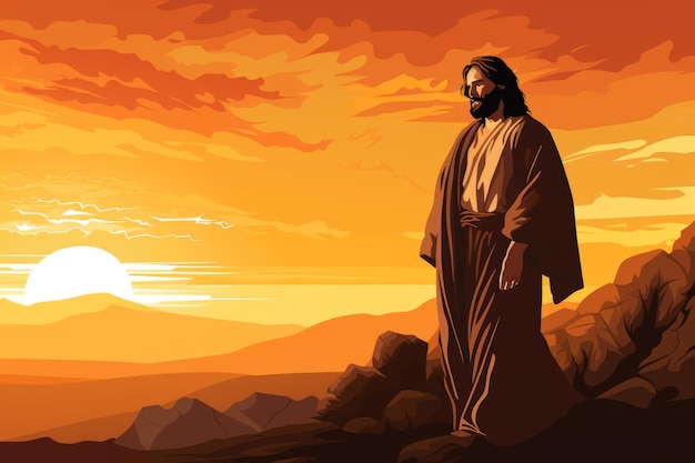 jesus walking in the desert at sunset