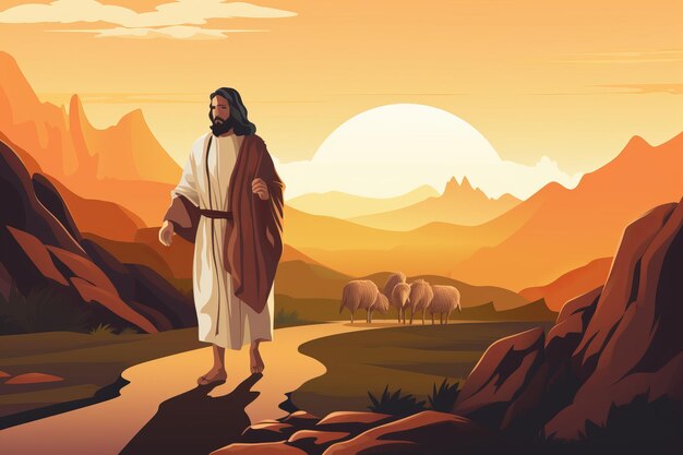 Jesus walking in the desert at sunset
