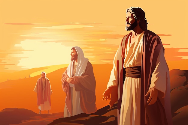 Photo jesus walking in the desert with two other men