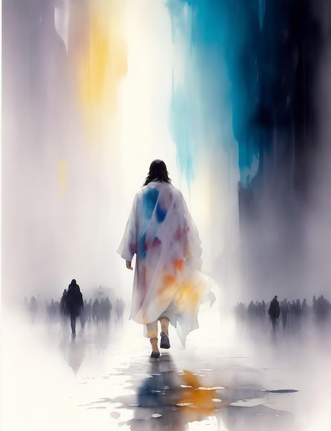写真 イエスが霧の多い街を歩いている