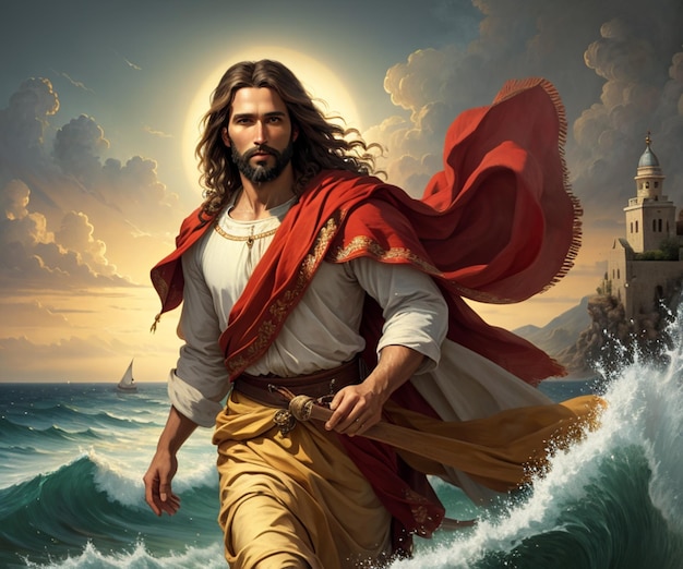 Jesus walking in the ocean with the waves behind him.