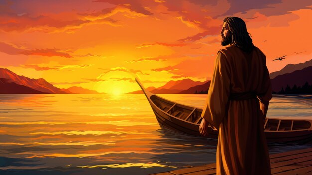 Photo jesus walking toward a canoe in the lake