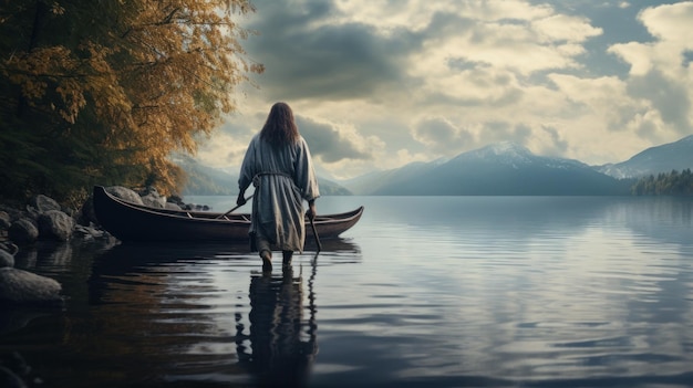 Jesus walking toward a canoe in the lake