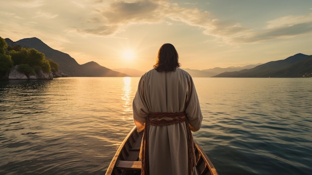 예수 께서 호수 에 있는 카누 를 향해 고 계신 것