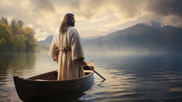 Jesus walking toward a canoe in the lake