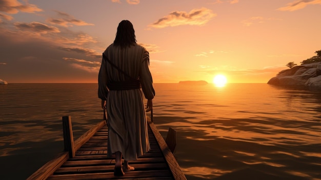 Jesus walking toward a canoe in the lake