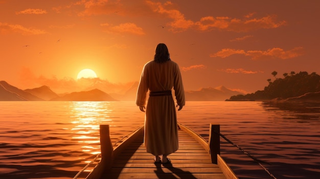 Jesus walking toward a canoe in the lake