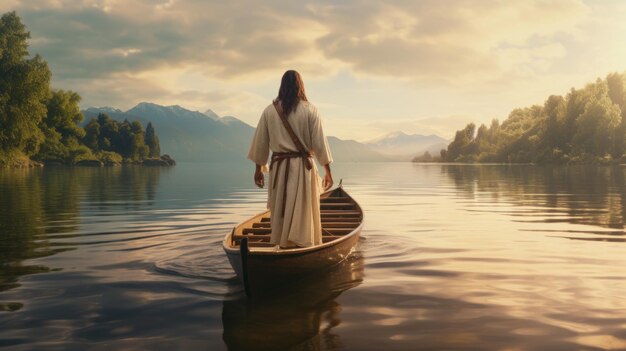 Jesus walking toward a canoe in the lake