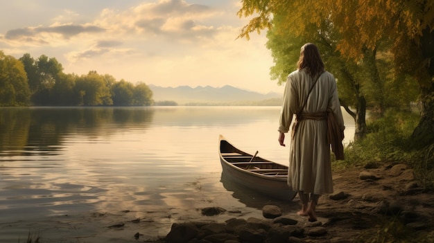 Jesus walking toward a canoe in the lake