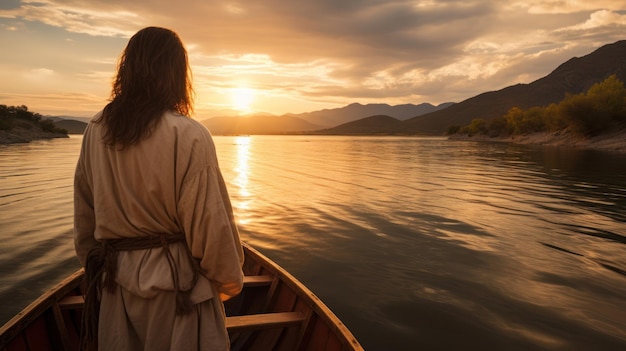 Photo jesus walking toward a canoe in the lake