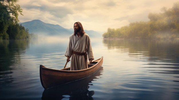 Jesus walking toward a canoe in the lake