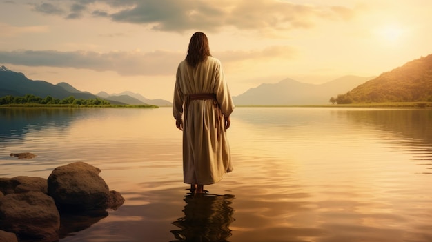 Jesus walking toward a canoe in the lake