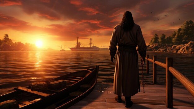 Jesus walking toward a canoe in the lake