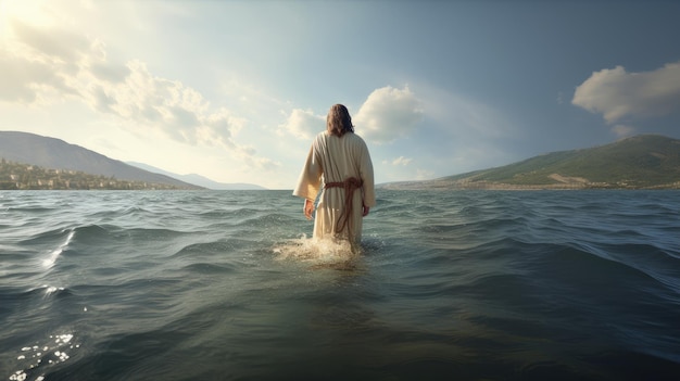 Jesus walking in the water with the sky in the background