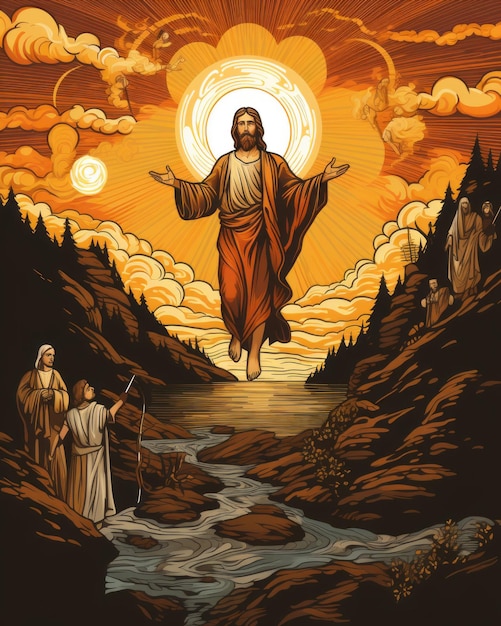 jesus walking on the water with the sun in the background