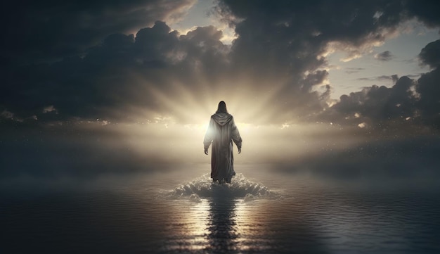 Jesus walking in the water with the sun behind him