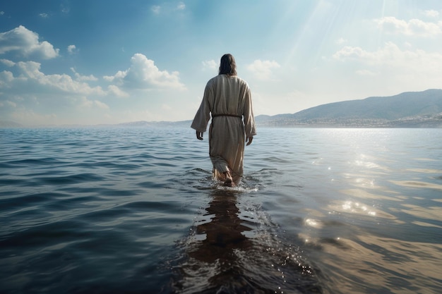 Jesus walking in the water with the sun shining on him