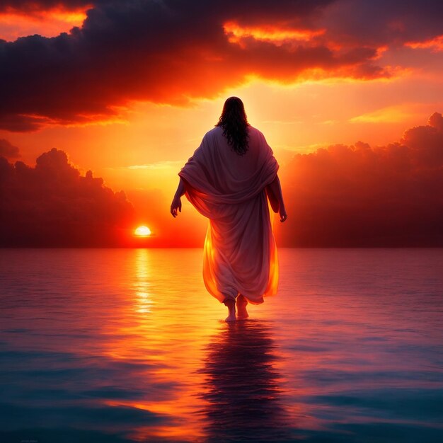 Photo jesus walks on water on a beautiful sunset background