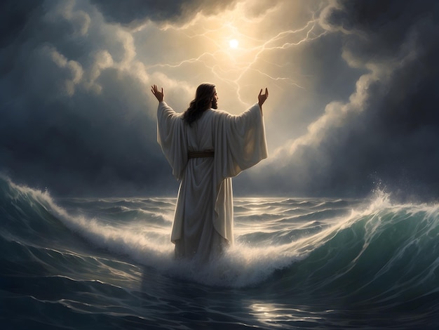 Photo jesus walks on water and calming the storm