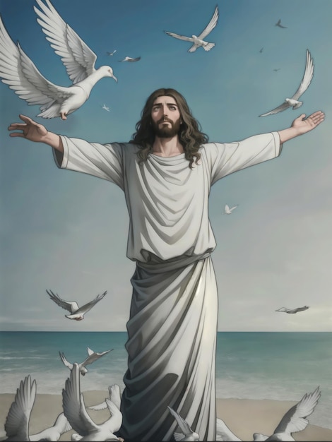 Jesus watching the horizon praying doves