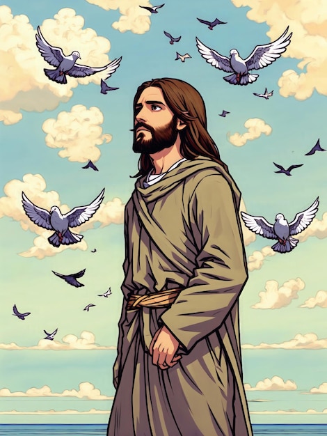 Jesus watching the horizon praying doves