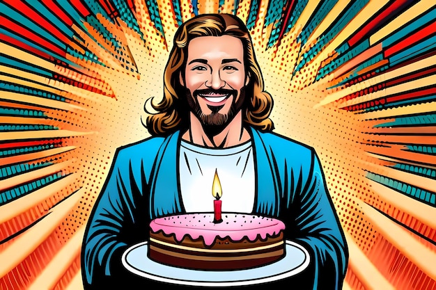 Jesus with birthday cake Pop art style generative AI funny illustration for Christmas