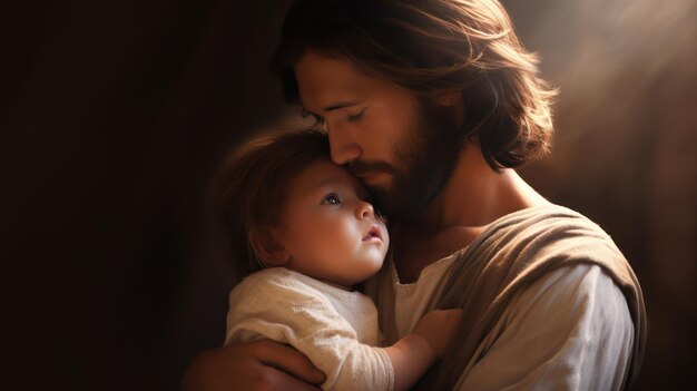 Jesus with child on shining light background