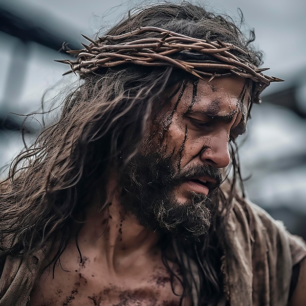 Jesus with a crown of thorns and blood on his face Golgotha