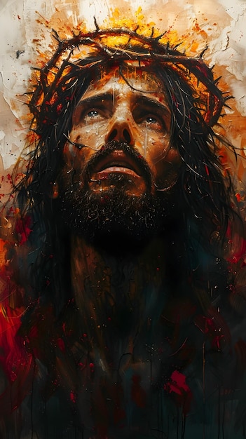 jesus with crown of thorns and fiery eyes in realistic portrait
