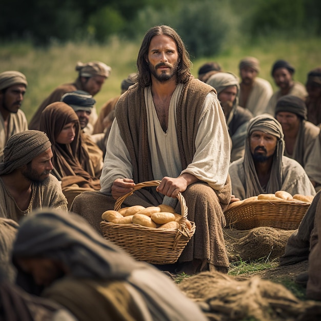 Jesus with the disciples in the multiplication of the loaves with the crowd