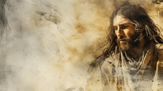 Jesus with long hair and beard on a grungy background