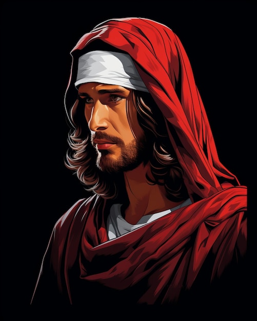 jesus with long hair in a red robe