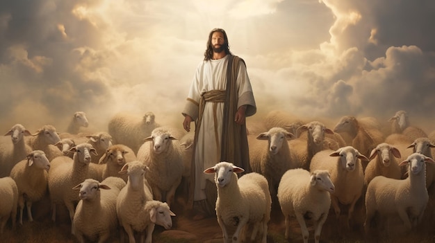 Иисус с овцами Библейская сцена