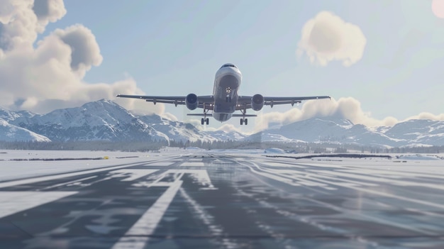 A jet airliner takes off marking the start of a journey against a snowy backdrop