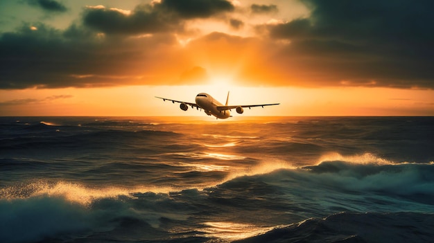 A jet airplane flying over the ocean as the sun goes down