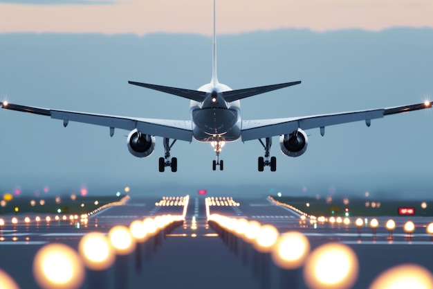 Photo jet airplane landing motion blur on landing lights